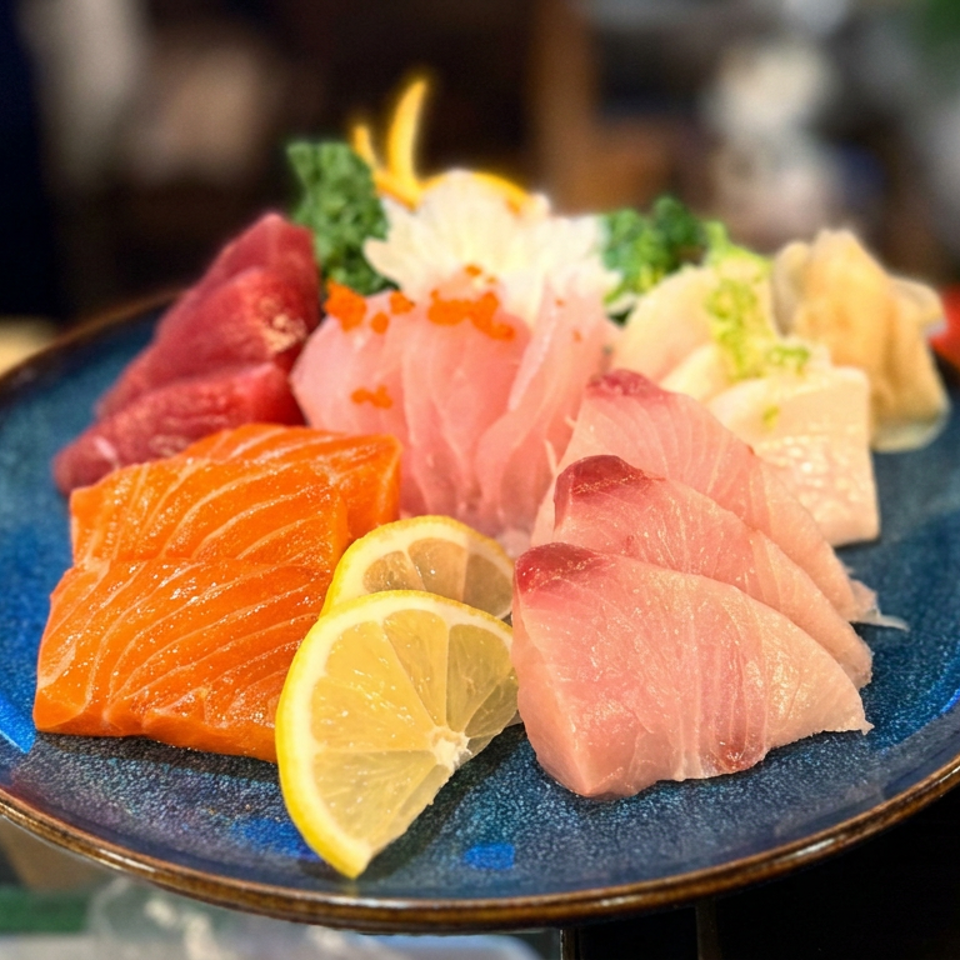 Assorted sashimi, including salmon and tuna, arranged with lemon wedges, shredded daikon, greens, and wasabi on a blue plate.