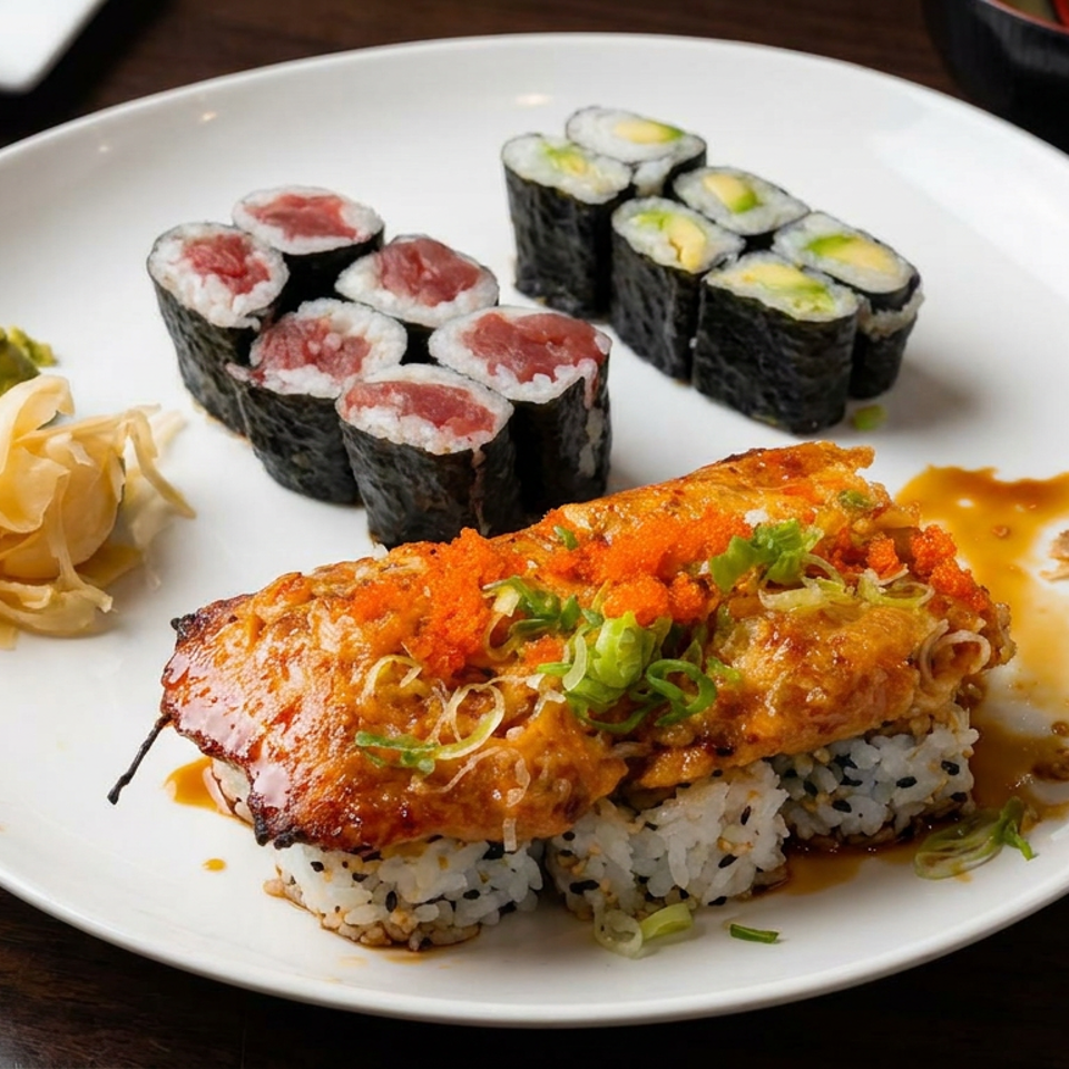 Japanese sushi platter with tuna and avocado rolls, a sauced salmon-and-rice entrée, pickled ginger, and wasabi.