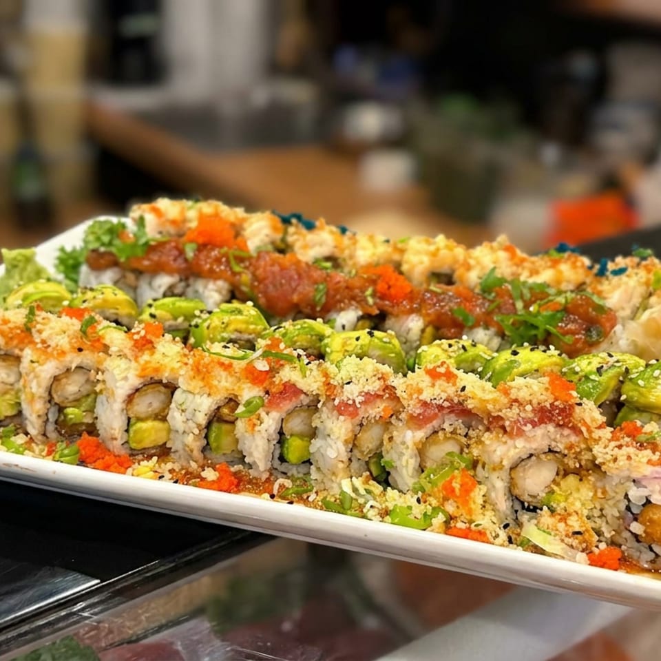 Platter of assorted sushi rolls topped with avocado, spicy sauce, crunchy crumbs, and orange roe in a restaurant setting.