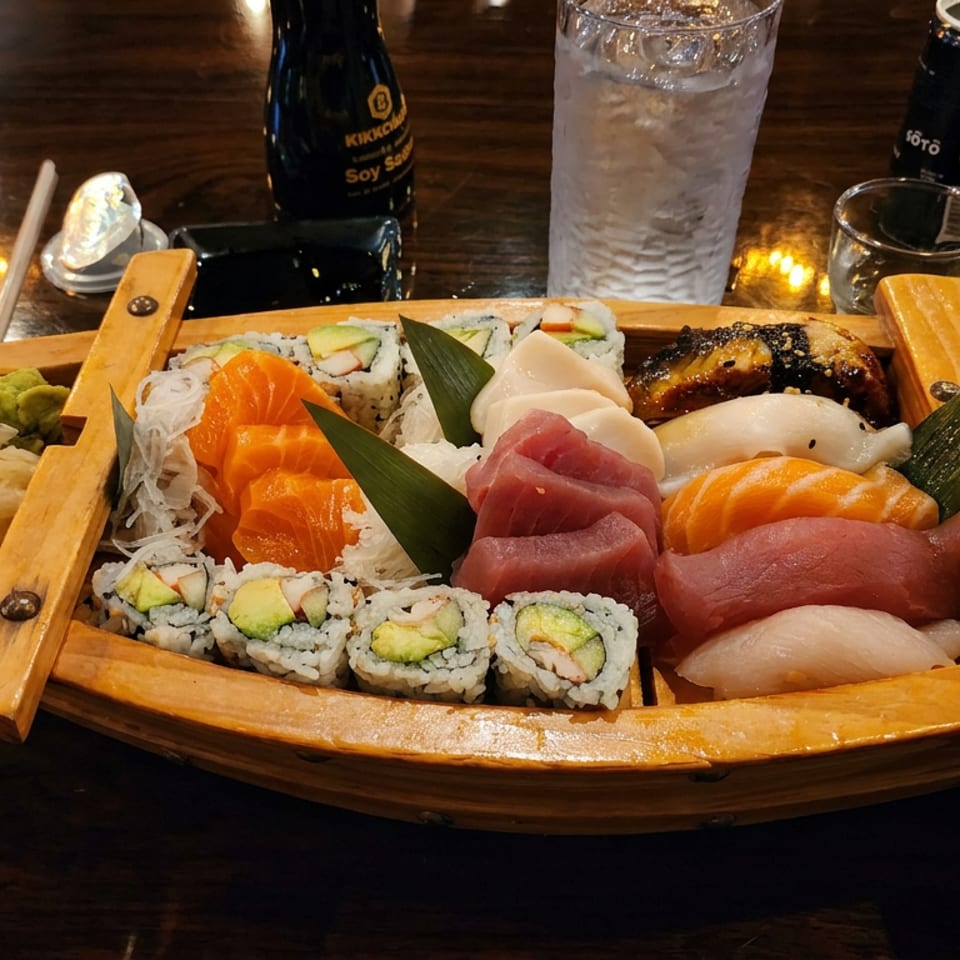 Boat-shaped platter filled with assorted sushi rolls, salmon and tuna sashimi, pickled ginger, wasabi, and soy sauce.