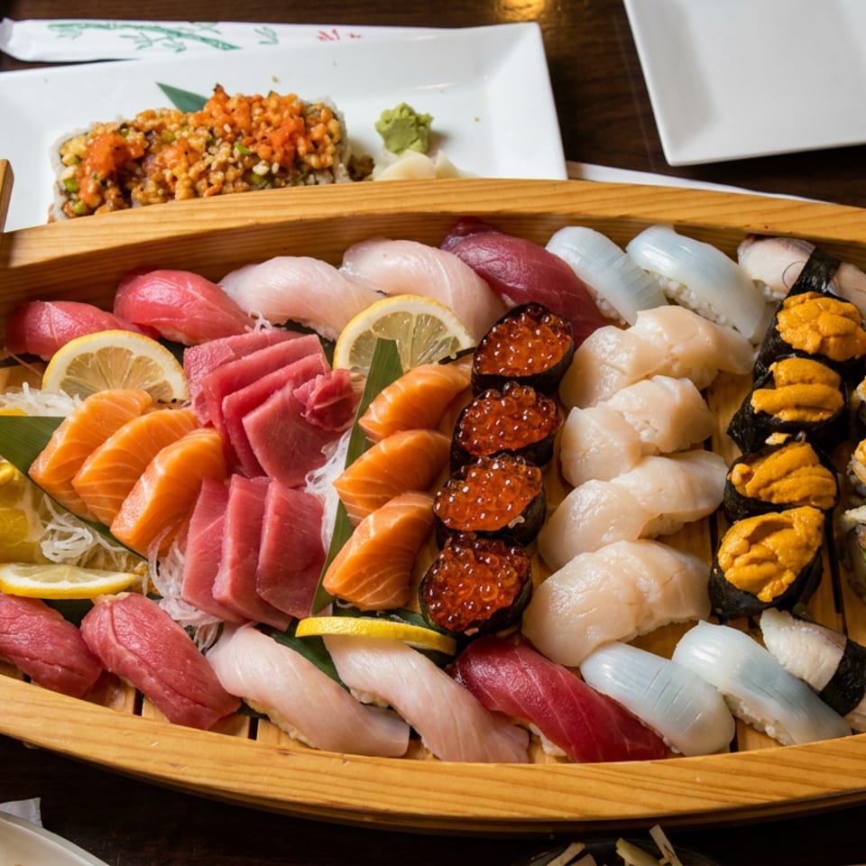 Large wooden boat-shaped platter filled with assorted sushi, sashimi, roe, uni, garnished with lemon, wasabi, and ginger.
