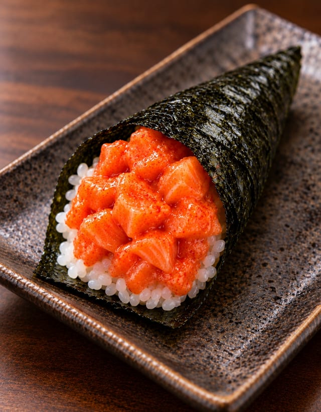 Spicy Salmon Hand Roll.