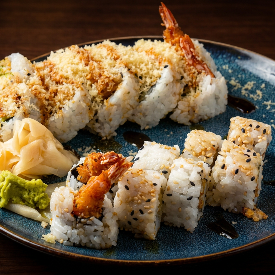 Blue plate of assorted sushi rolls with shrimp tempura, sesame seeds, pickled ginger, and wasabi on a wooden table.