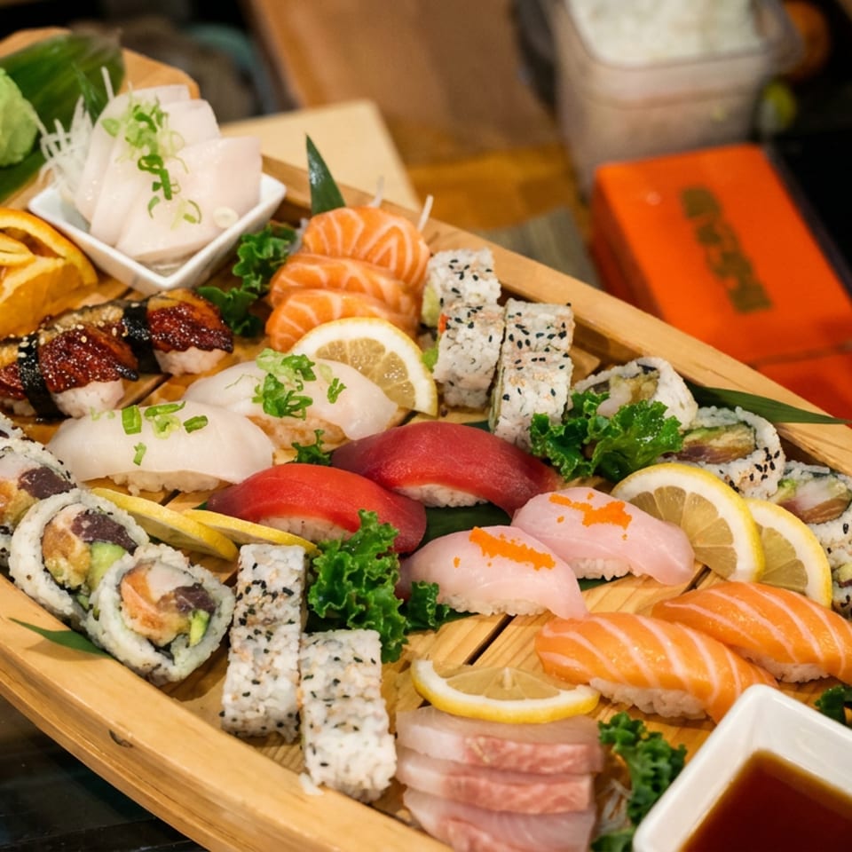 Wooden platter filled with assorted sushi rolls, nigiri, sashimi, lemon and orange slices, wasabi, ginger, and soy sauce.