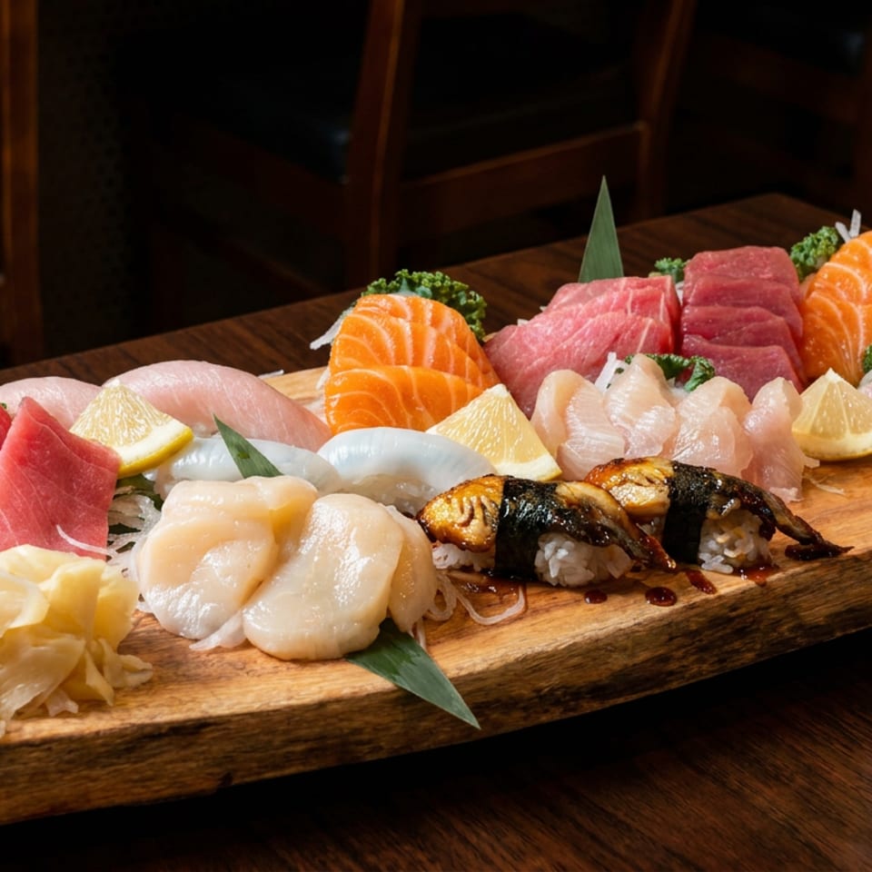 Assorted sushi and sashimi, including salmon, tuna, scallops, eel, and shrimp, arranged on a wooden serving board with garnishes.